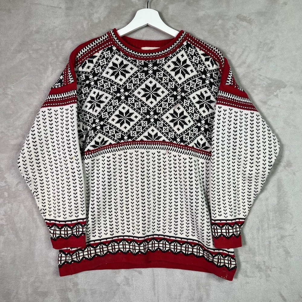 Vintage‎ Nordic Fair Isle Sweater Red Black Cotton Scandinavian Ski L Cozy Lodge